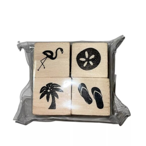 Reflections Other - Recollections 4pc FLAMINGO FLIP FLOPS SAND DOLLAR Wood Mounted Rubber Stamp